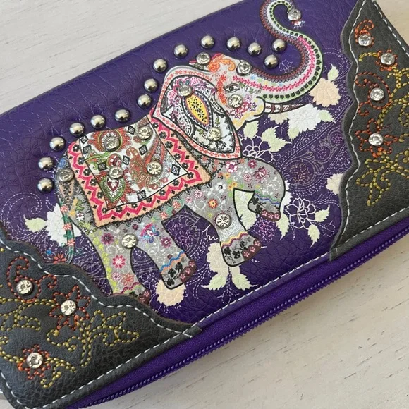Purple Western Style Studded Wallet Bohemian Elephant Double Zipper Wristlet New - Picture 4 of 11
